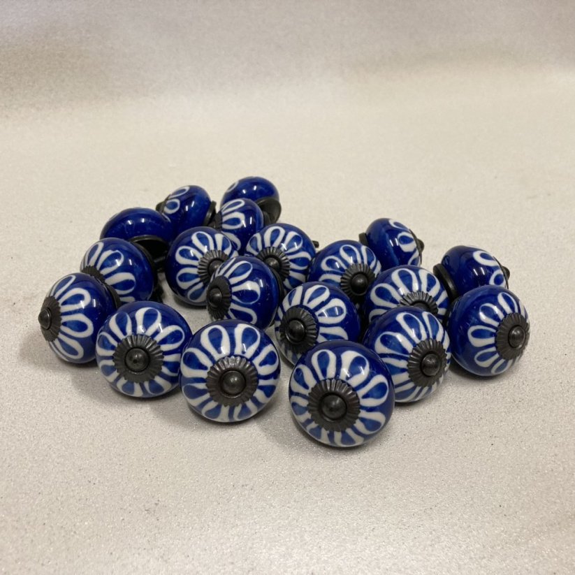 Nábytková keramická knopka - úchytka MODRÁ S BÍLOU MALBOU 40mm