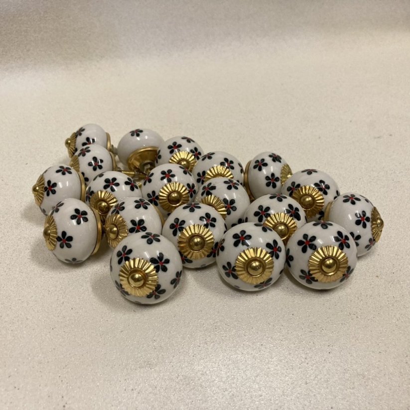 Nábytková keramická knopka - úchytka BÍLÁ S KVÍTKY 40mm