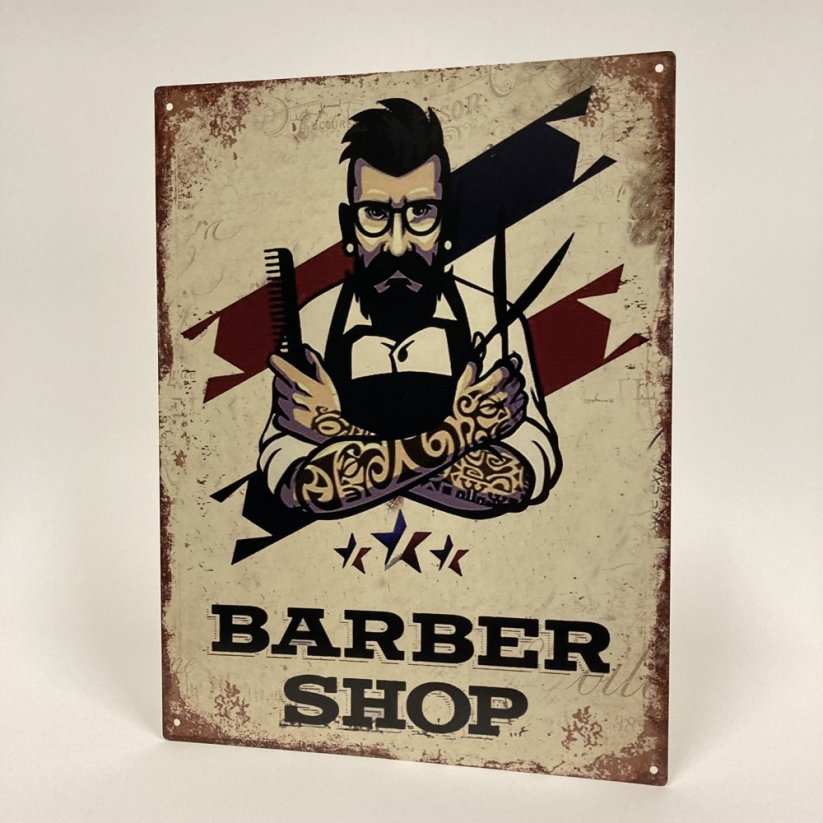 Plechová cedule BARBER SHOP 33x25cm