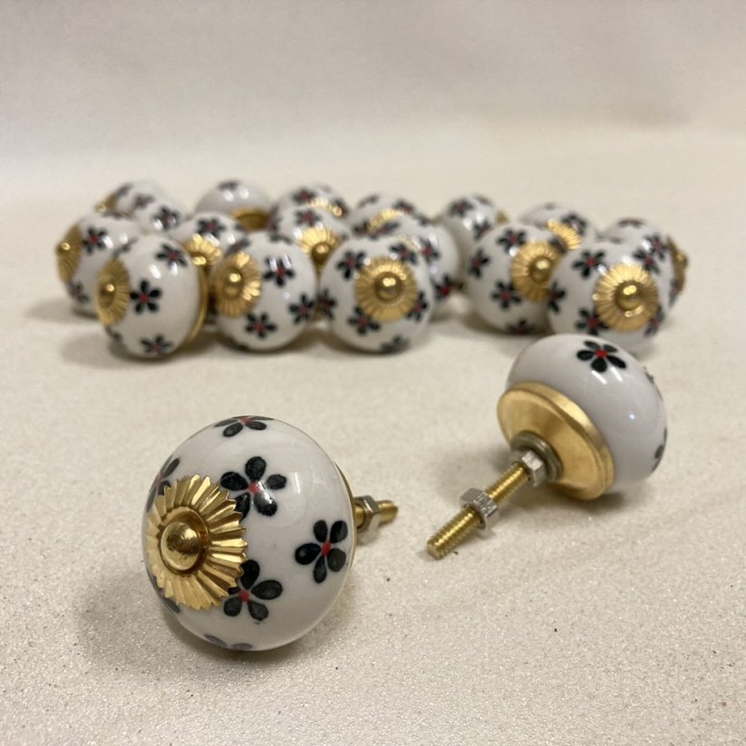 Nábytková keramická knopka - úchytka BÍLÁ S KVÍTKY 40mm