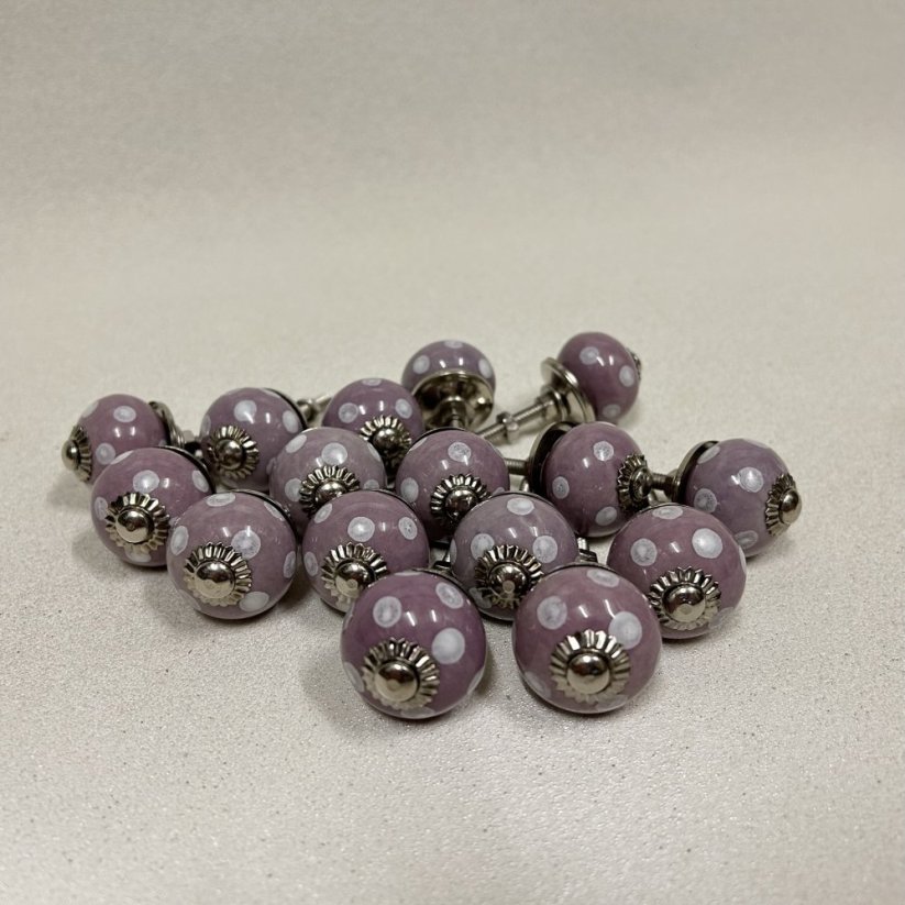 Nábytková keramická knopka - úchytka FIALOVÁ S PUNTÍKY 30mm